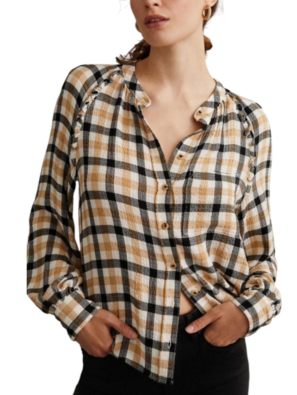Anthropologie Pilcro Cream, Black & Tan Plaid Button-Down Shirt Sz S